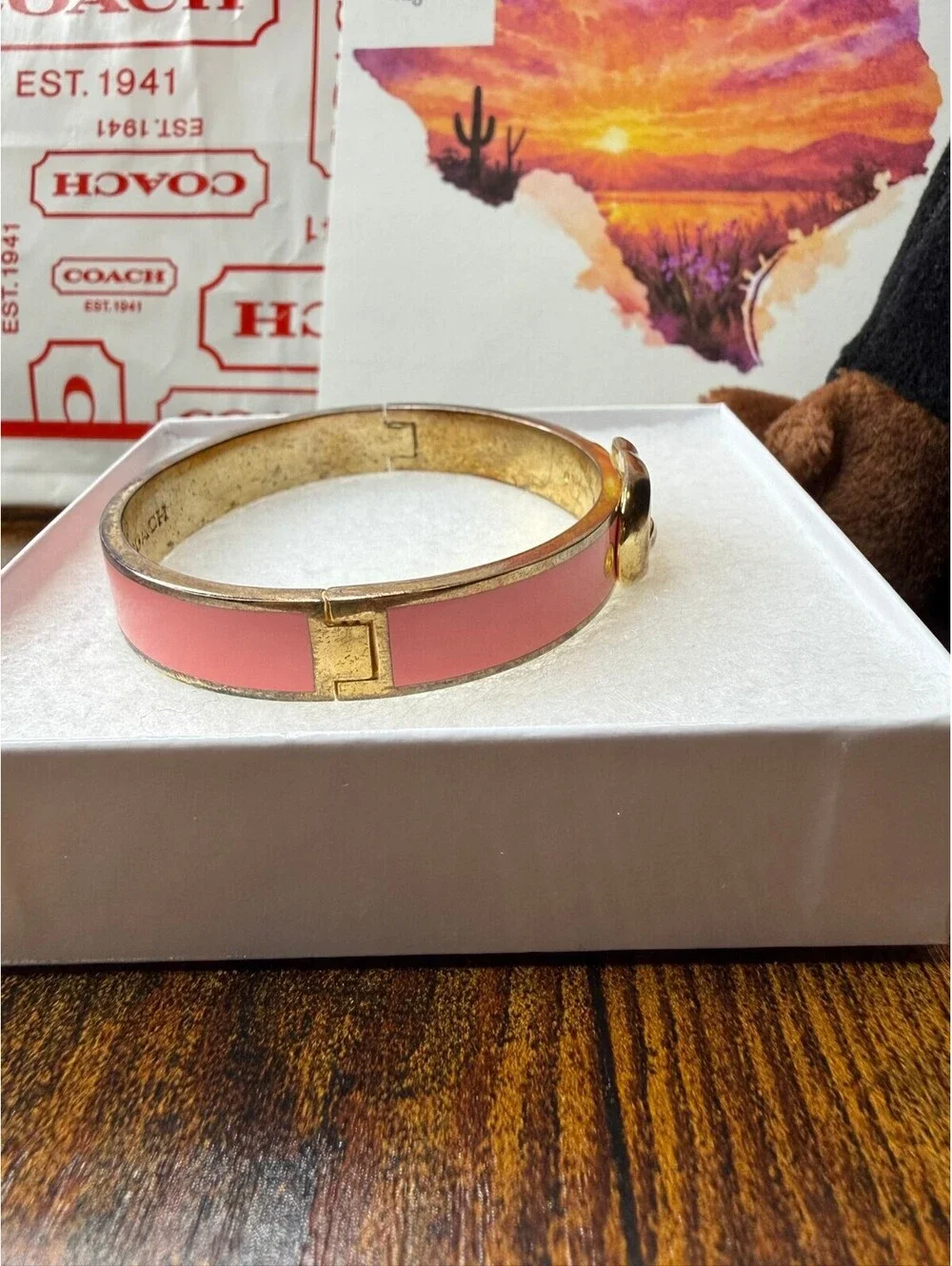 Coach Enamel Hinge Buckle Bangle Bracelet Pink Gold Tone NWT